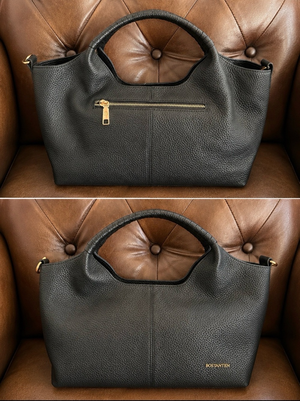 BOSTANTEN Black Genuine Leather Hobo Shoulder Bag Gold Hardware